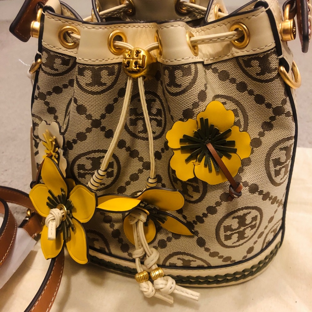 Tory Burch T Monogram Braided Floral Bucket Bag